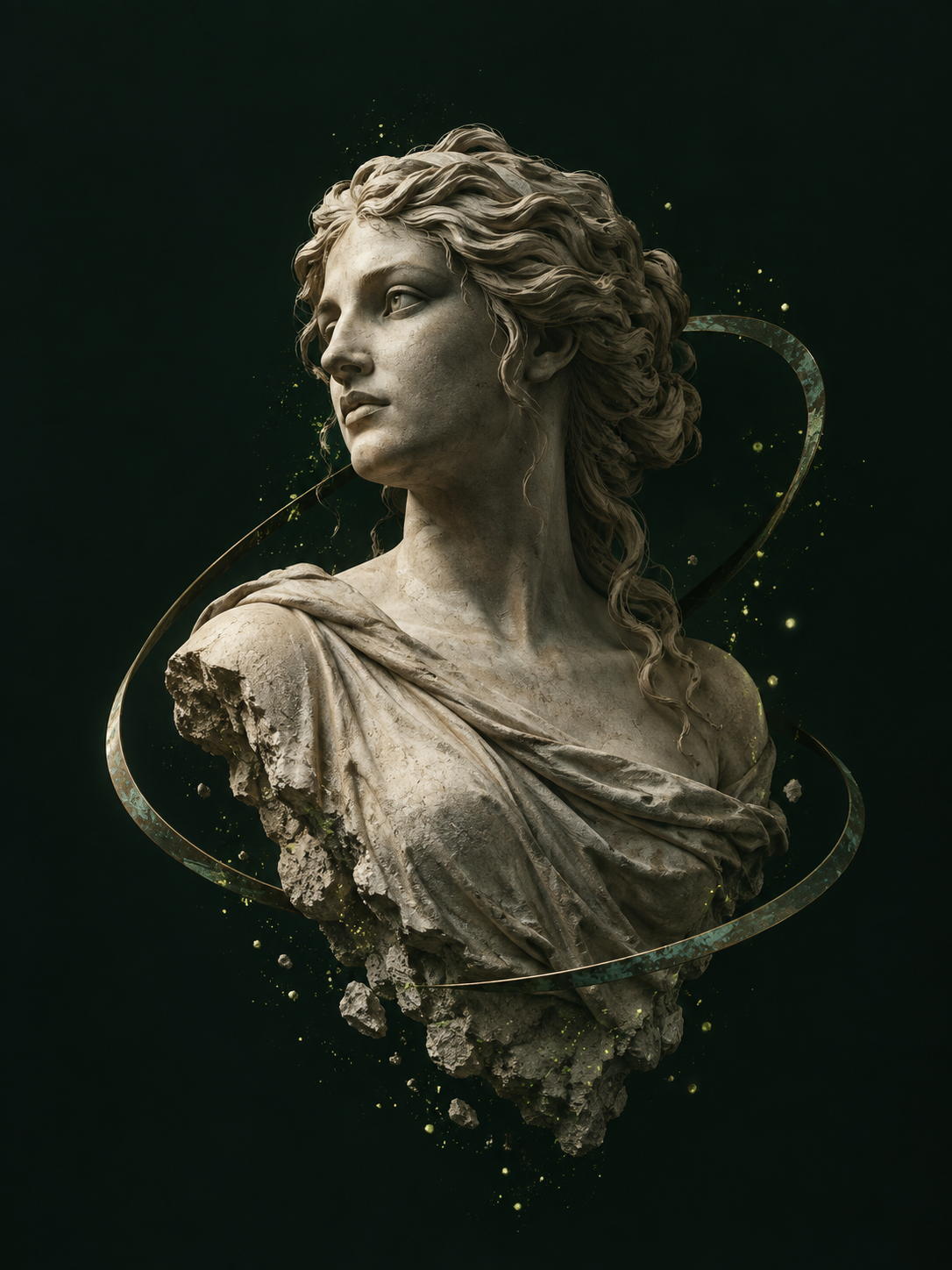 An imagined limestone sculpture of Metis, surrounded by metallic orbits and fragments of light.